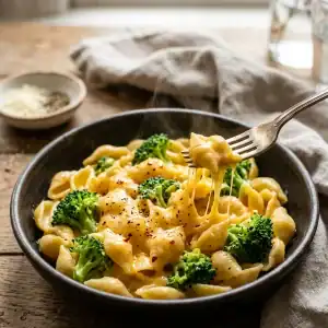 Dampfende Schale cremiger Muschelnudeln in sämiger Cheddar-Käsesauce mit zarten grünen Brokkoliröschen garniert.