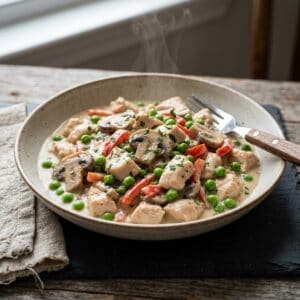 Frisch zubereitetes Gericht: Chicken à la King aus dem Slow Cooker