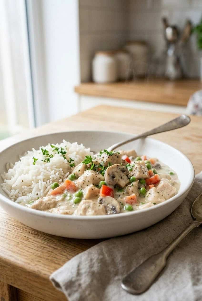 Slow Cooker Chicken à la King von oben mit knusprigem Sauerteigbrot