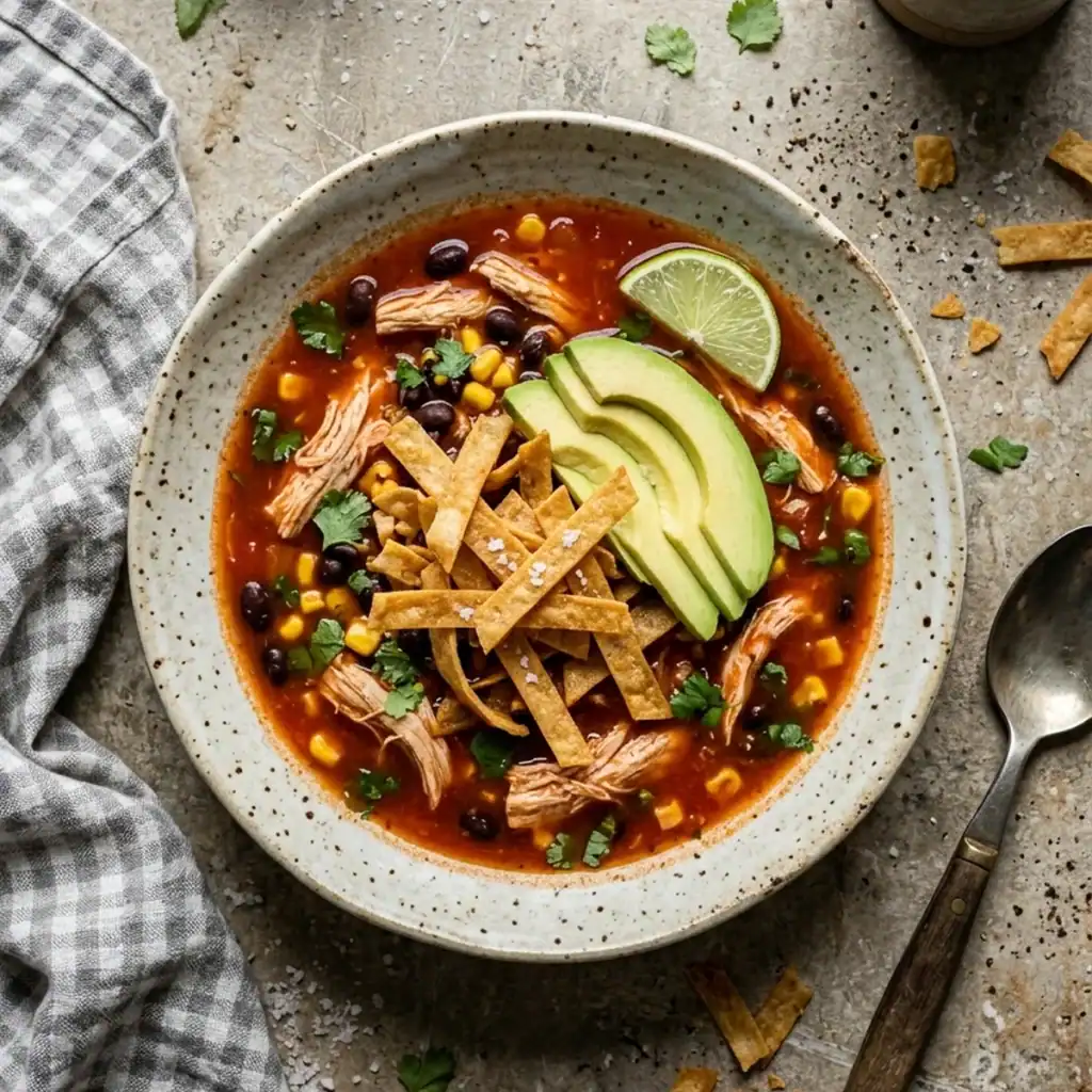 Draufsicht auf eine mexikanische Chicken Tortilla Soup mit gezupftem Hähnchenfleisch, schwarzen Bohnen, Mais, Avocado und knusprigen Tortillastreifen in einer Schale auf Steintisch
