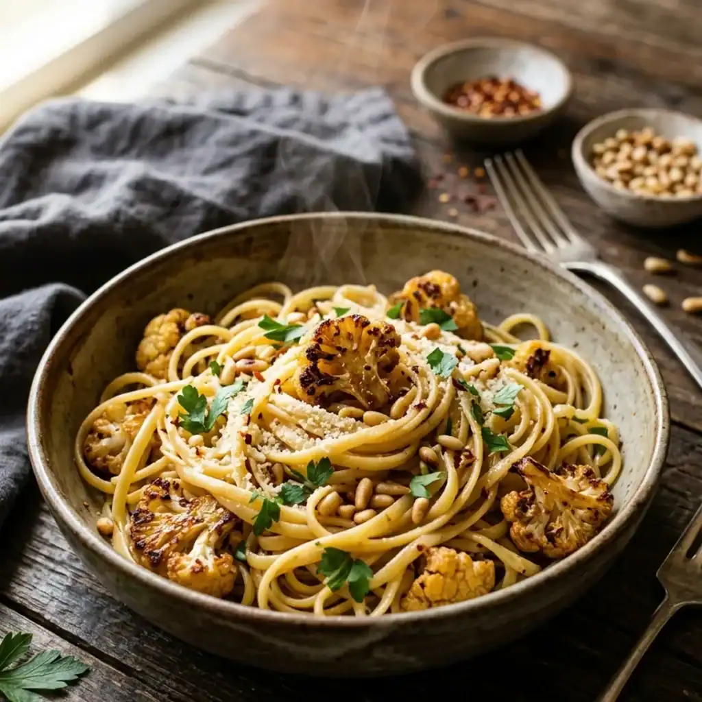 Ein tiefer Teller Linguine geschwenkt in Chili-Knoblauch-Öl, getoppt mit gerösteten Blumenkohlröschen, Pinienkernen und Petersilie.