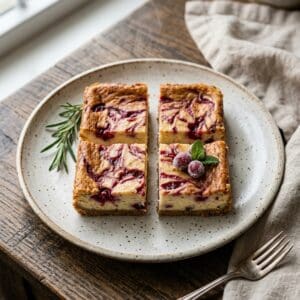 Quadratisch geschnittene Cranberry-Käsekuchenschnitten mit leuchtend rotem Swirl auf knusprigem Keksboden auf einer Servierplatte.