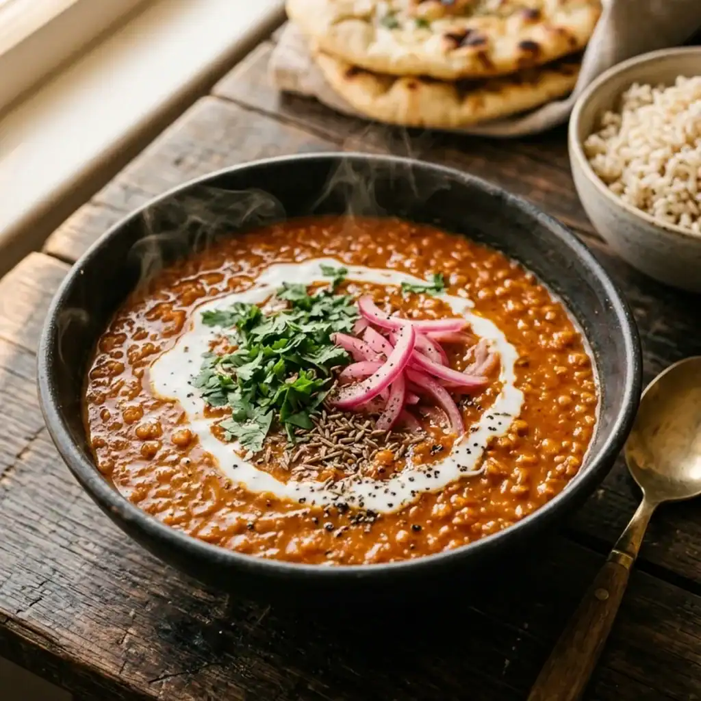 Eine rustikale Schale mit cremigem rotem Linsencurry, dekoriert mit einem Schuss Kokosmilch, frischem Koriander und pinken eingelegten Zwiebeln neben Naan-Brot.