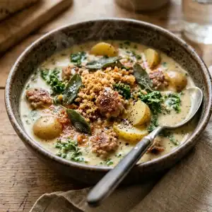 Cremige Kartoffelsuppe mit gebratenen Bratwurststücken, Grünkohl und knusprigen Brotbröseln sowie Salbeiblättern in einer rustikalen Schale.