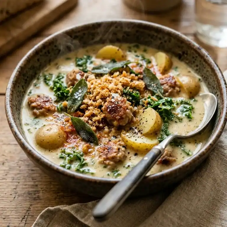 Cremige Kartoffelsuppe mit gebratenen Bratwurststücken, Grünkohl und knusprigen Brotbröseln sowie Salbeiblättern in einer rustikalen Schale.