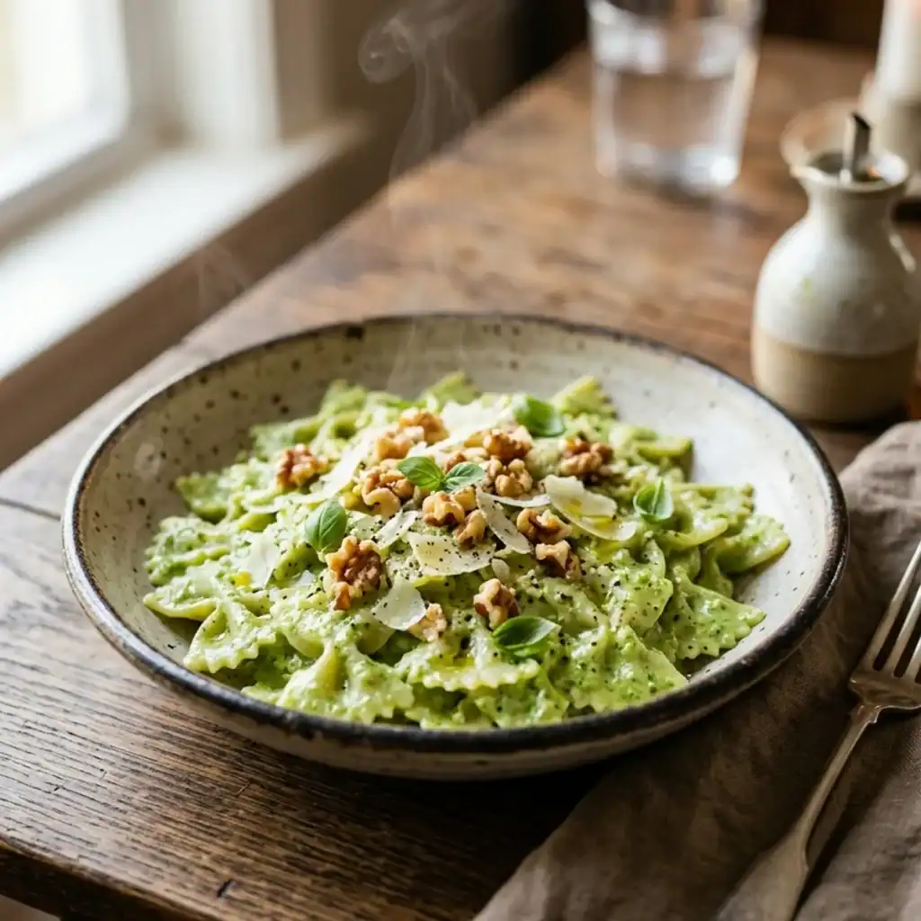 Cremige Farfalle-Pasta in einer feinen grünen Brokkolisauce, serviert in einer Keramikschale mit Walnüssen und Basilikum garniert.