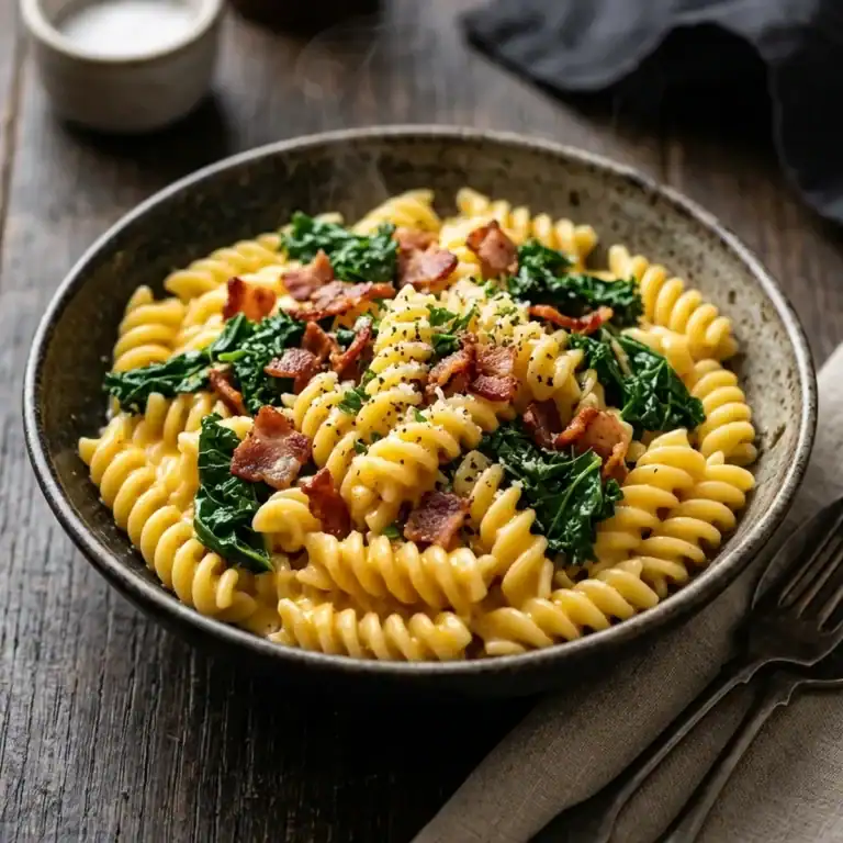 Ein rustikaler Keramikteller gefüllt mit dampfenden Fusilli-Nudeln in cremiger Cheddar-Sauce, garniert mit krossem Speck und grünem Grünkohl.