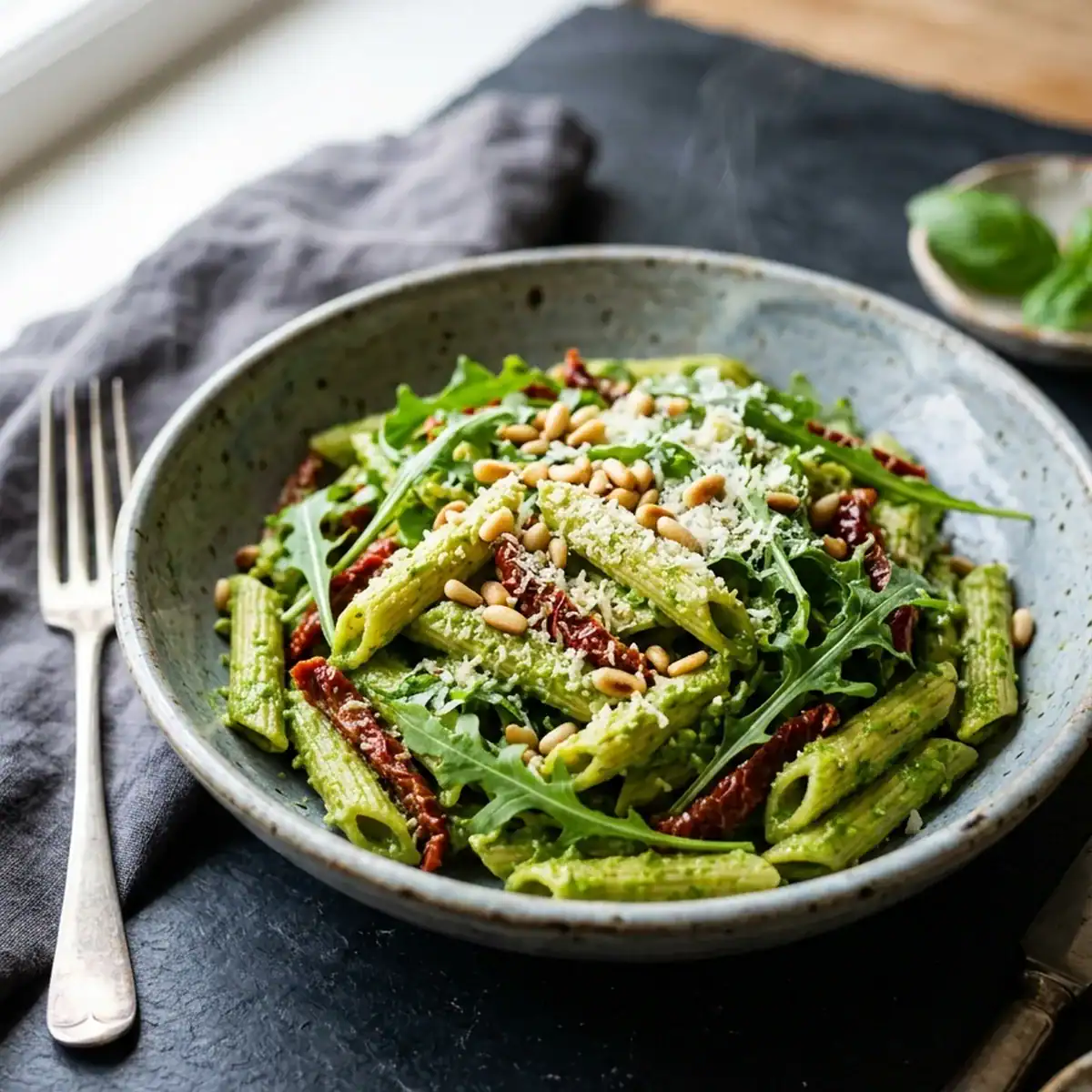 Cremige Erbsenpesto-Pasta mit sonnengetrockneten Tomaten