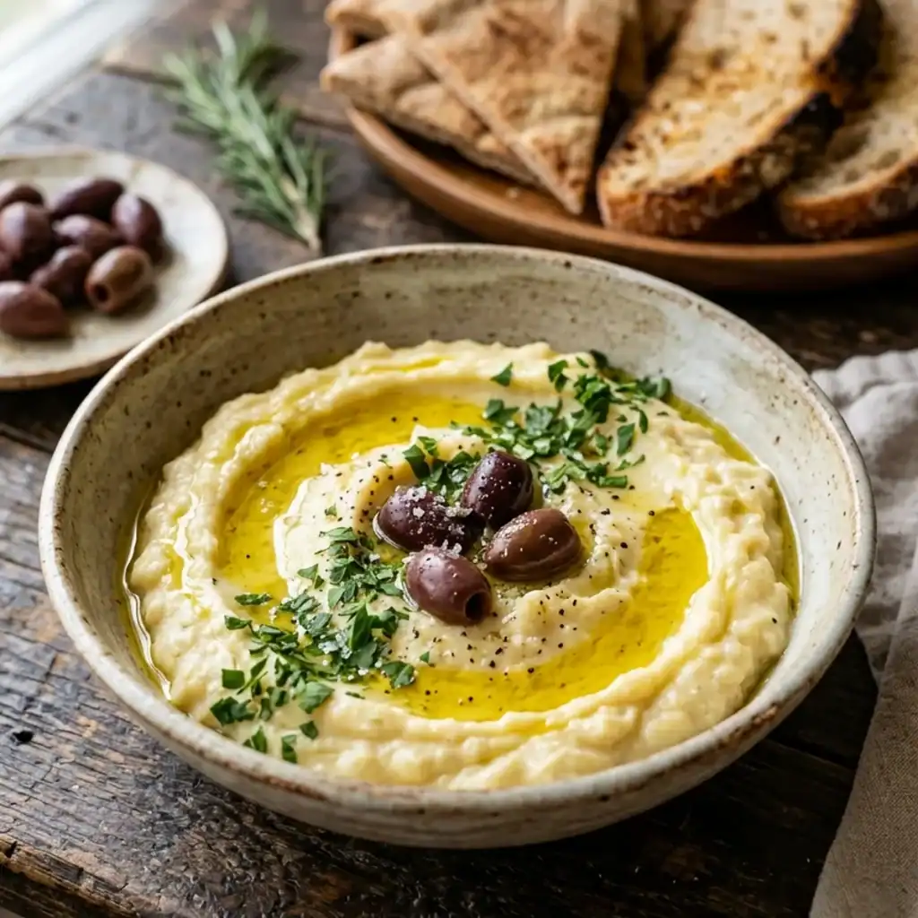 Eine weiße rustikale Schale mit cremigem hellem Kartoffel-Knoblauch-Dip, garniert mit Olivenöl und Petersilie, serviert mit Fladenbrot.