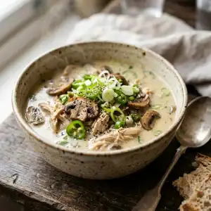 Dampfende Schale cremige Hühnersuppe mit gezupftem Hähnchenfleisch, Champignonscheiben, Frühlingszwiebeln und grünen Chiliringen