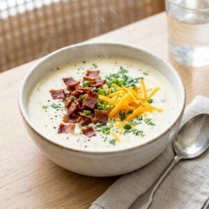 Frisch zubereitetes Gericht: Cremige Kartoffelsuppe aus dem Instant Pot mit Cheddar und Bacon