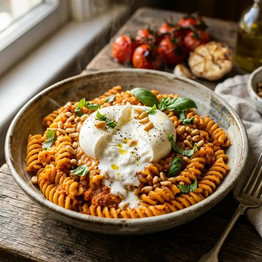 Ein Teller Fusilli-Pasta in samtiger, orangeroter Gemüsesauce, getoppt mit cremig zerzupftem Burrata, gerösteten Pinienkernen und frischem Basilikum.