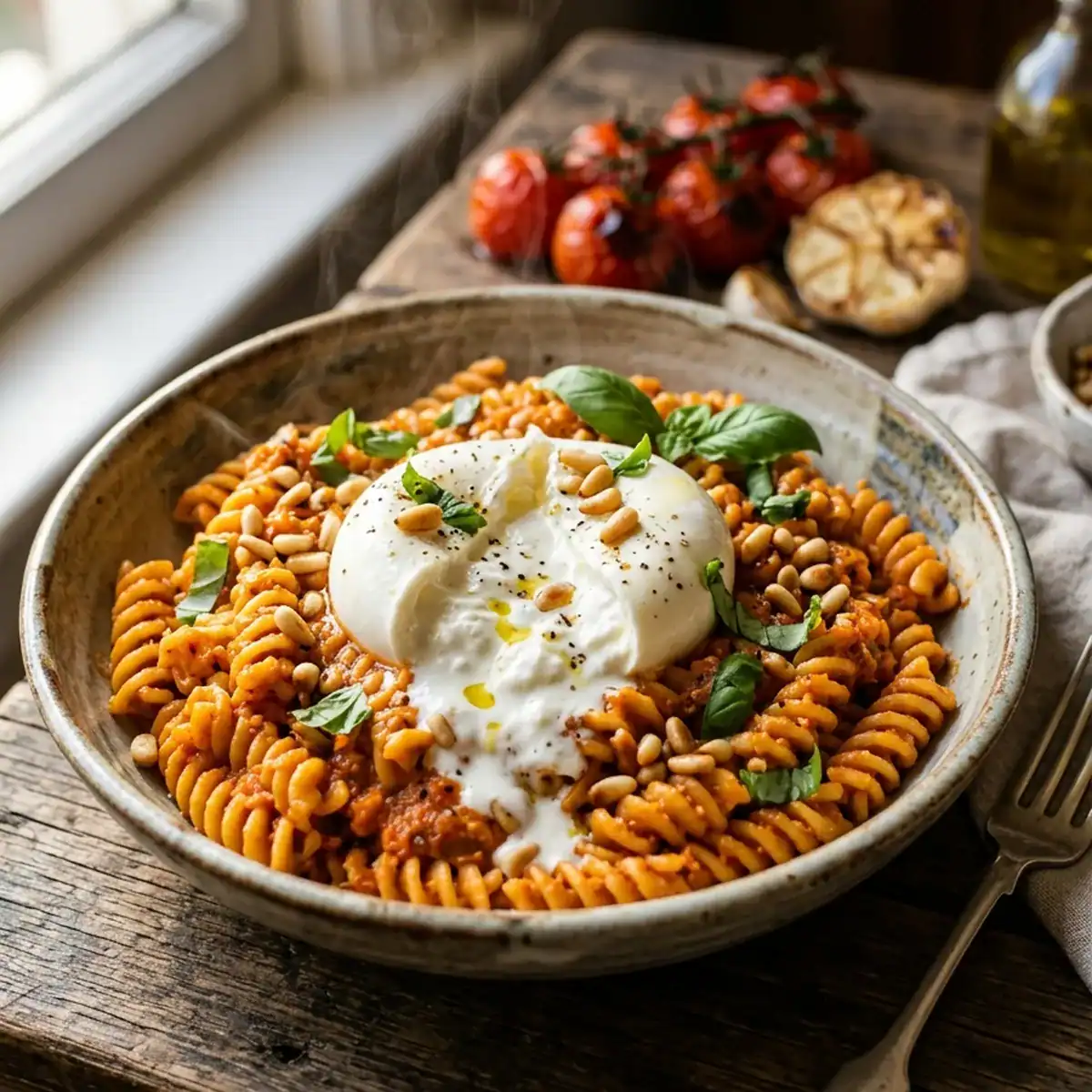 Cremige Ofengemüse-Pasta mit geschmolzenem Burrata