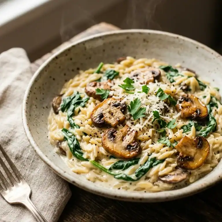 Dampfender Teller mit cremigen Risoni-Nudeln, angebratenen Champignons, frischem Spinat und fein geriebenem Parmesan.