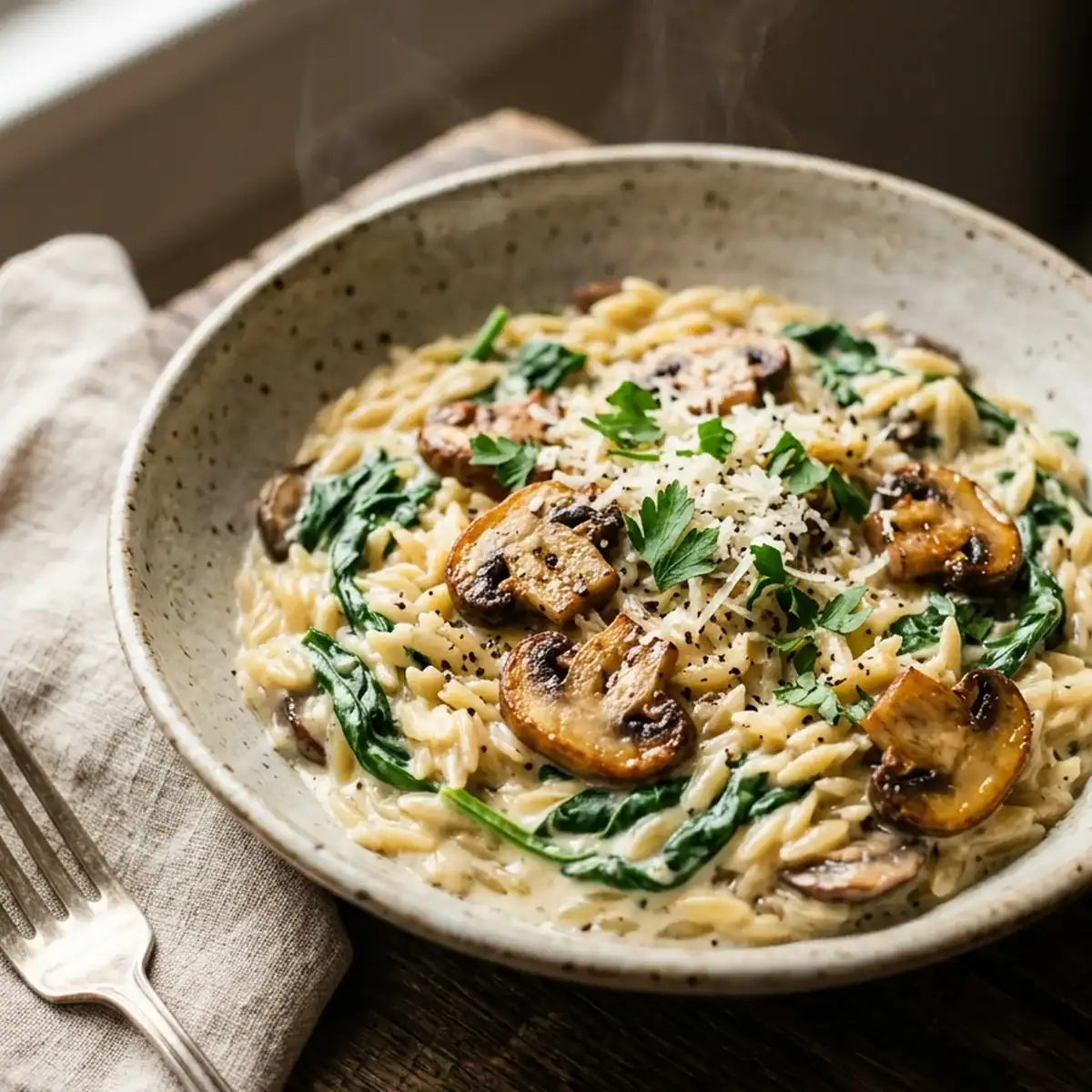 Cremige One-Pot-Risoni mit Champignons und Spinat