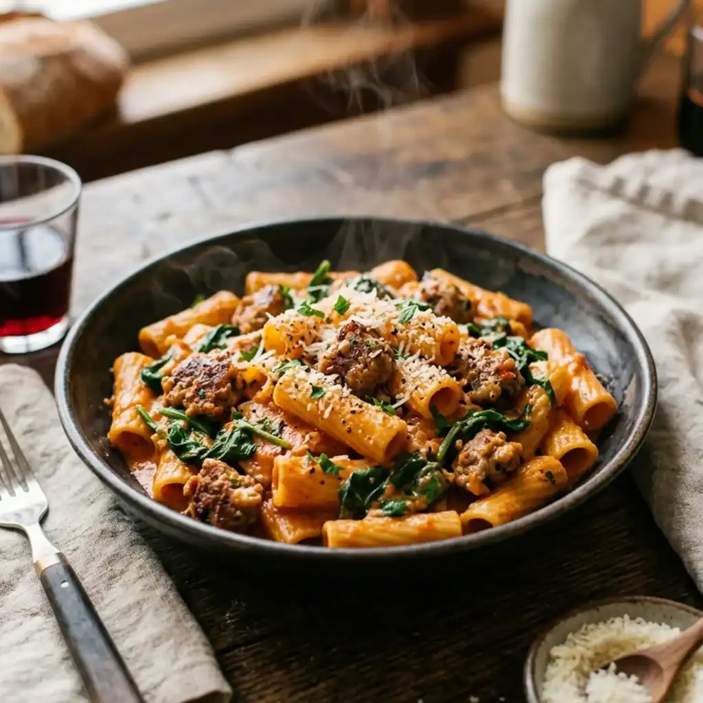 Servierfertige Pasta mit würziger Salsiccia, cremiger Tomatensauce und grünem Babyspinat in einer rustikalen Schale.