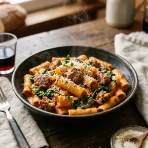 Servierfertige Pasta mit würziger Salsiccia, cremiger Tomatensauce und grünem Babyspinat in einer rustikalen Schale.