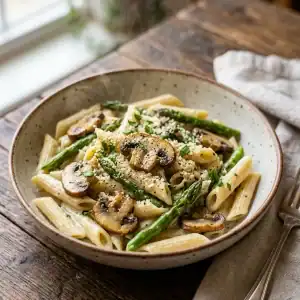 Ein tiefer Teller cremige Penne-Pasta mit angebratenem grünem Spargel, Champignons und frischen Kräutern.