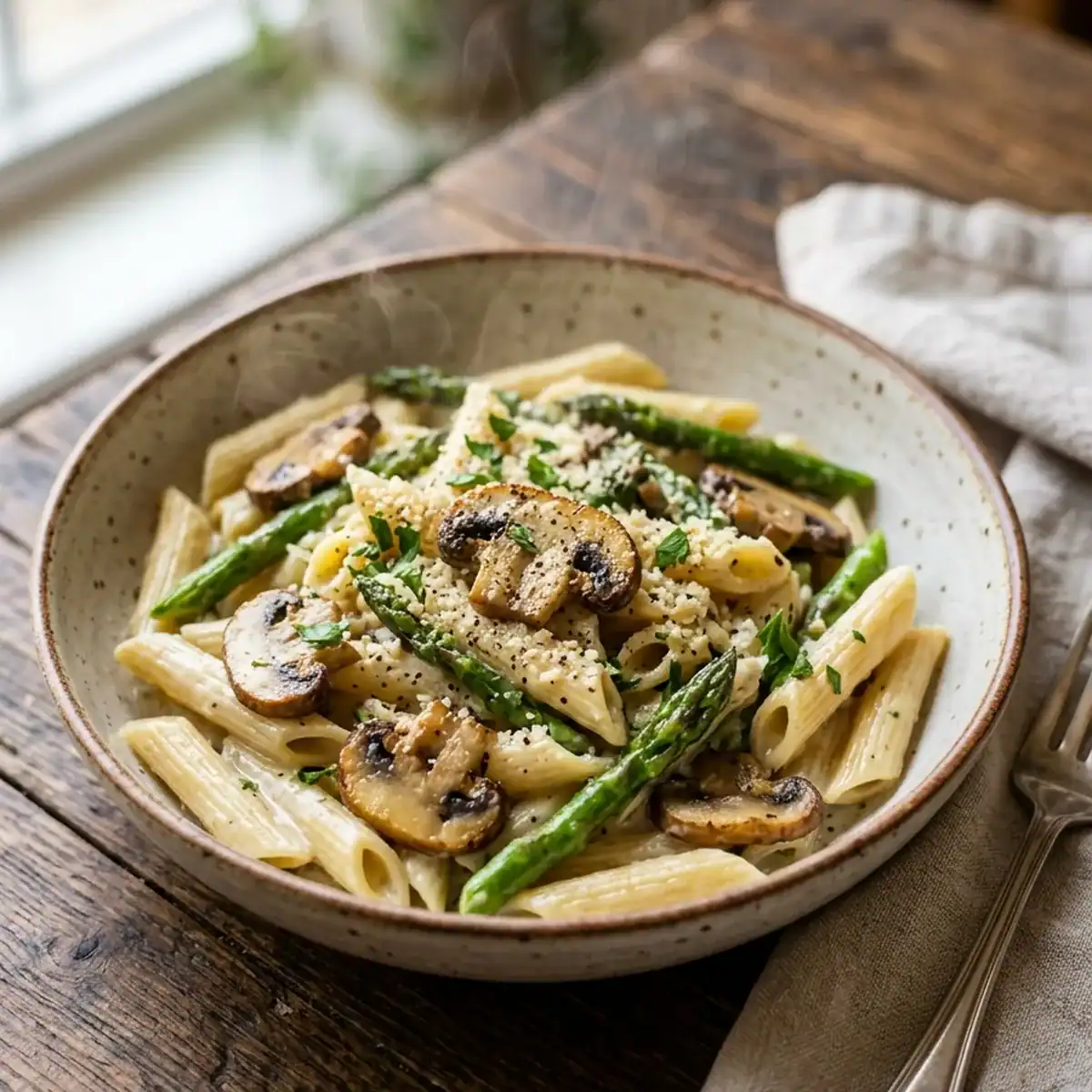 Cremige Knoblauch-Pasta mit grünem Spargel und Champignons