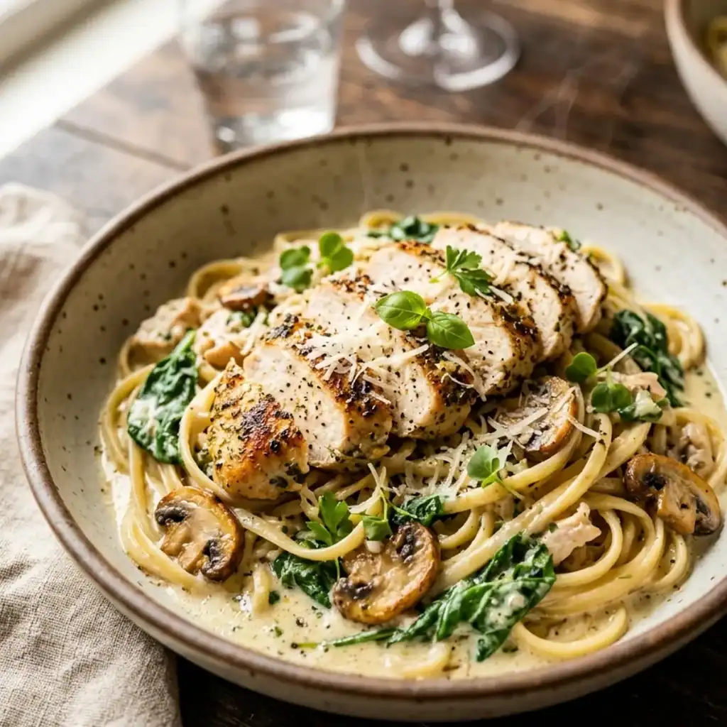 Ein tiefer Teller cremige Linguine mit Blattspinat, Champignons und saftig aufgeschnittener Hähnchenbrust, bestreut mit Parmesan.