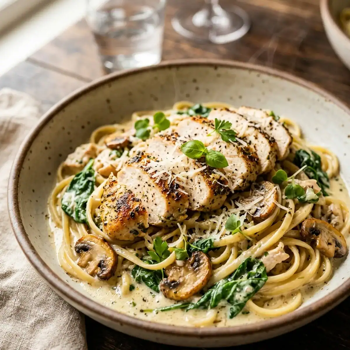 Cremige Pasta Florentina mit zarter Hähnchenbrust und frischem Spinat