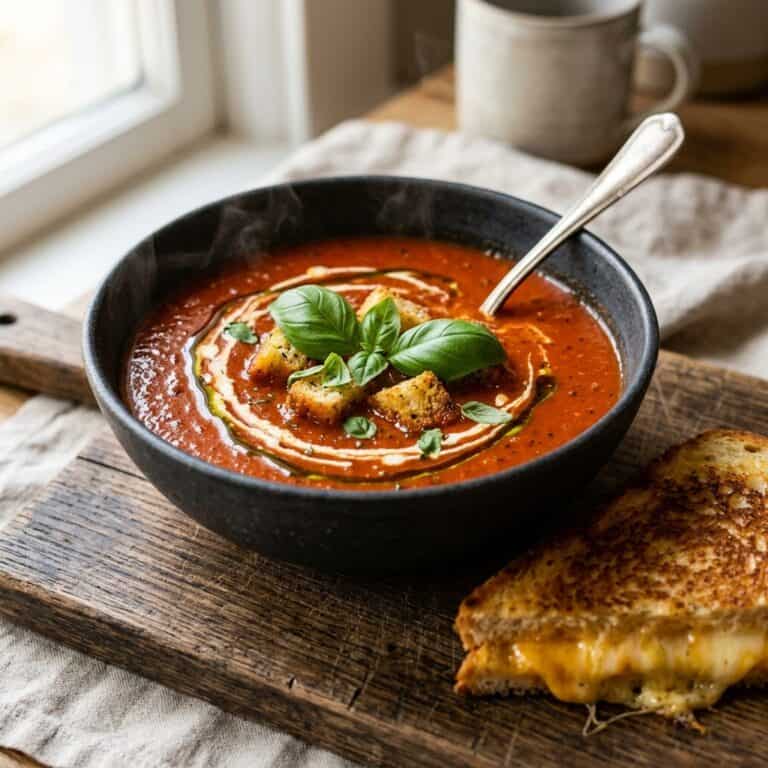 Tiefrote, samtige Tomatensuppe in einer rustikalen Keramikschale, verfeinert mit einem Sahnewirbel und frischen Basilikumblättern