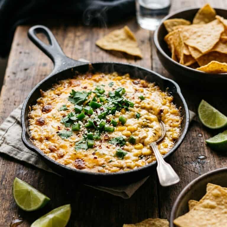 Cremig gebackener Mais-Jalapeño-Dip in einer gusseisernen Pfanne, serviert mit frischem Koriander, Limettenspalten und Tortilla-Chips.