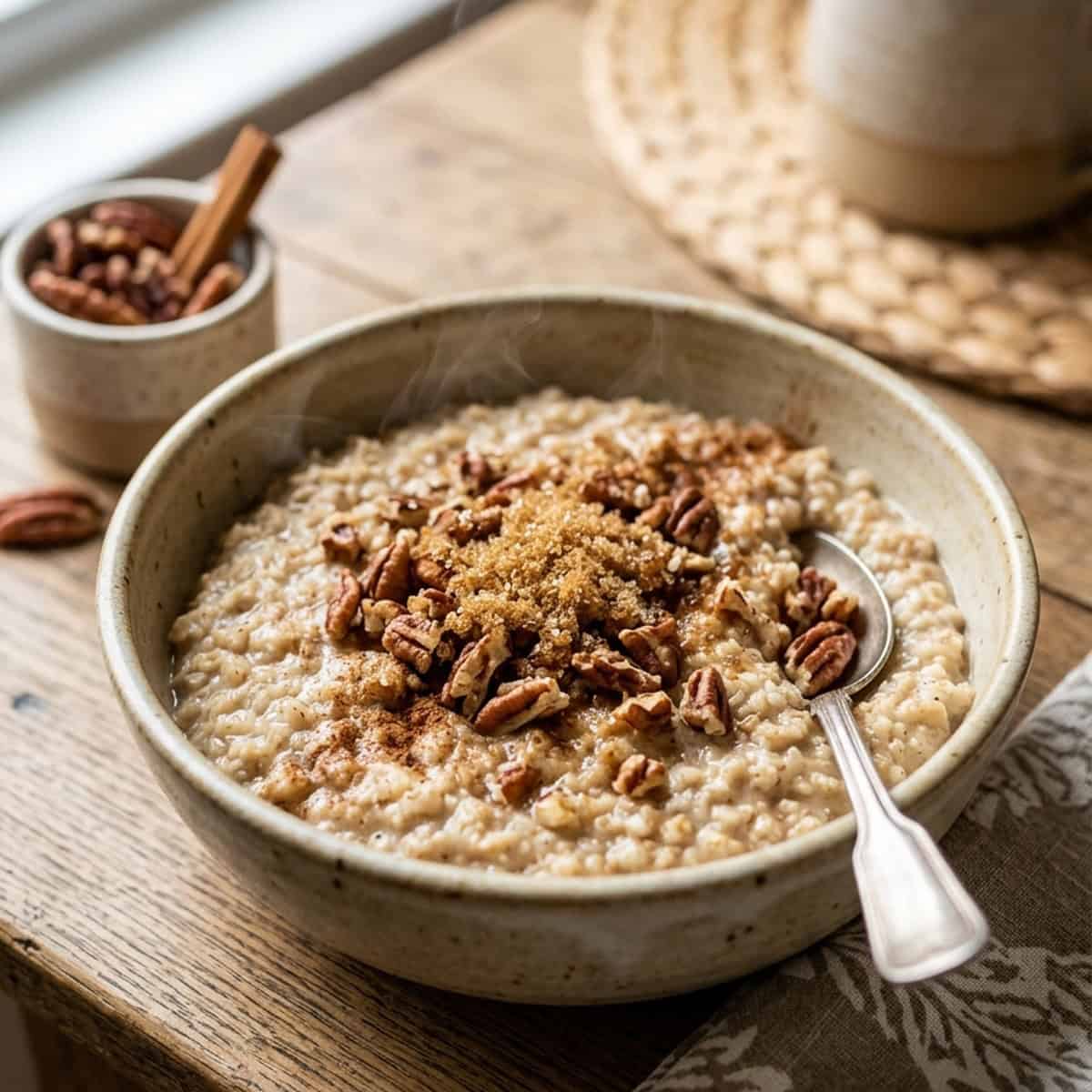 Cremiger Zimt-Porridge mit feinem Blumenkohl und knackigen Pekannüssen