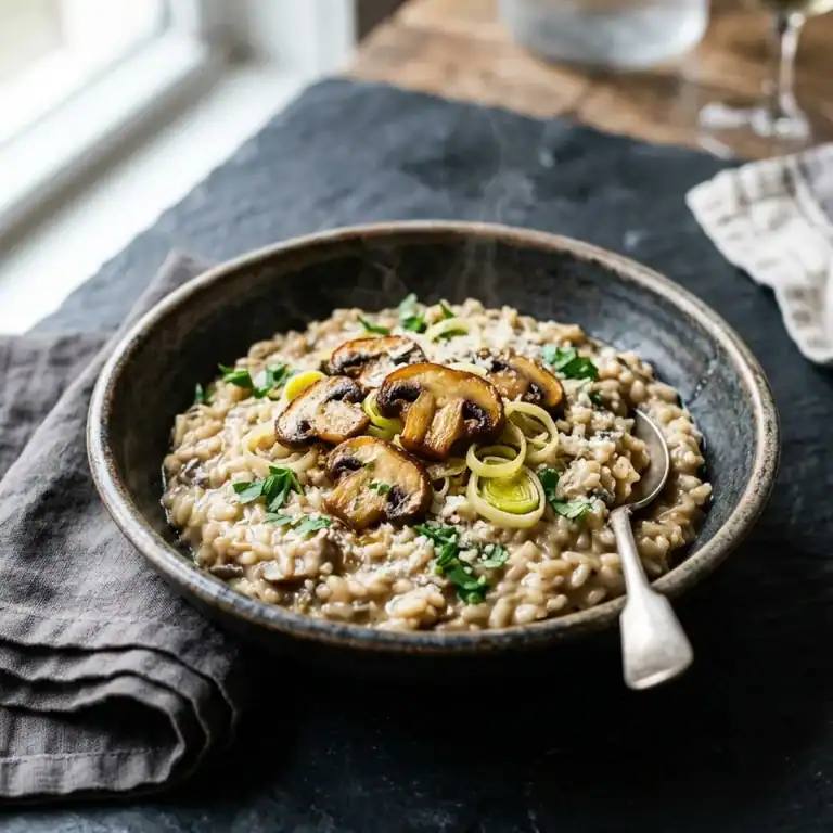 Servierschale mit dampfendem, cremigem Champignon-Lauch-Risotto, garniert mit gebratenen Pilzen, veganem Parmesan und frischer Petersilie.