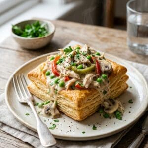 Cremiges Hähnchenragout mit Champignons, buntem Paprika und Erbsen, angerichtet auf einem knusprigen Blätterteigkissen mit frischer Petersilie.