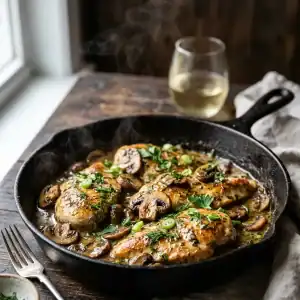 Zart angebratene Hähnchenfilets und Champignons in einer cremigen Kräuter-Rahmsauce, serviert in einer dunklen Gusseisenpfanne.