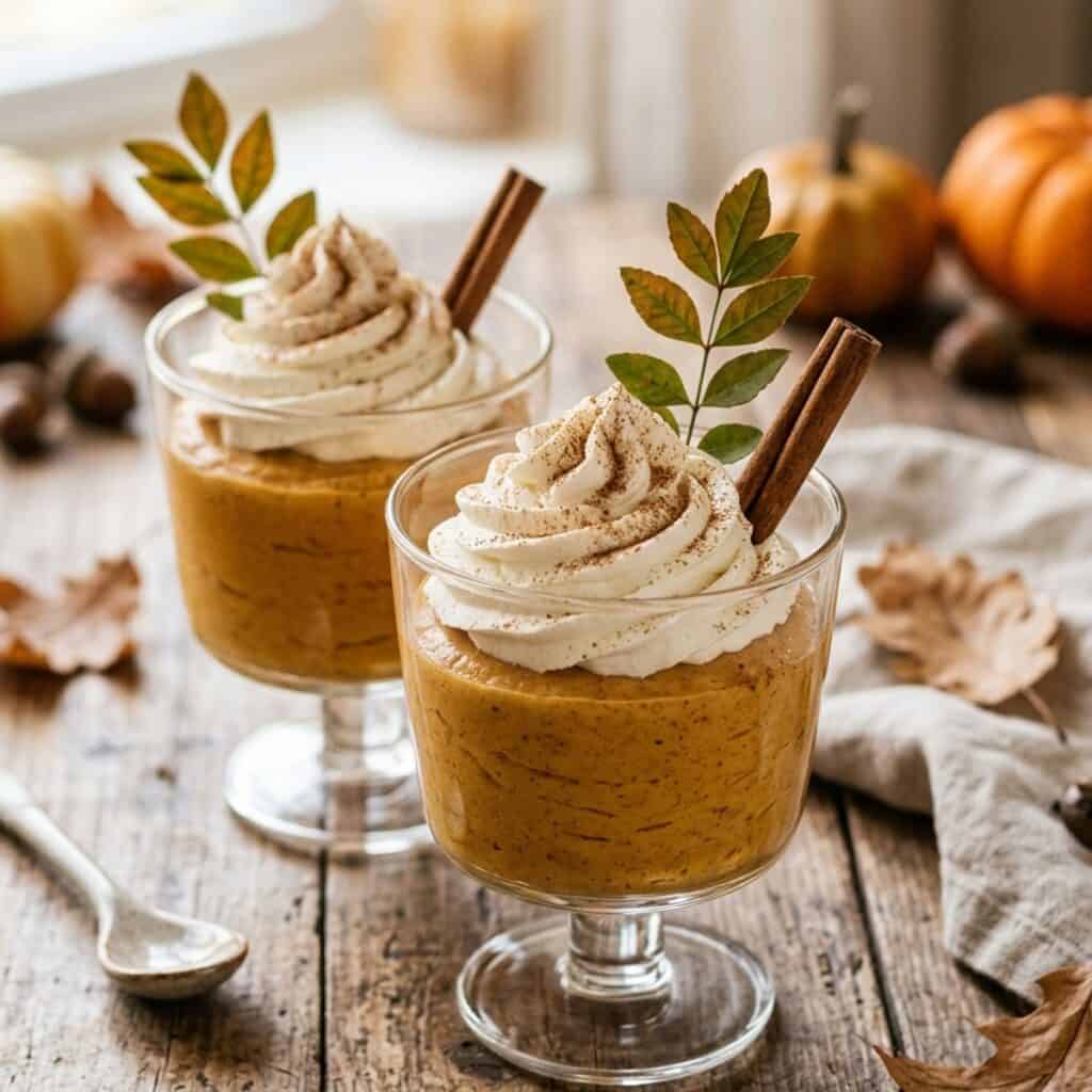 Cremiges Kürbis-Mousse in Dessertgläsern, garniert mit einer Haube aus geschlagener Rum-Sahne und einer Prise Zimt