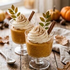 Cremiges Kürbis-Mousse in Dessertgläsern, garniert mit einer Haube aus geschlagener Rum-Sahne und einer Prise Zimt