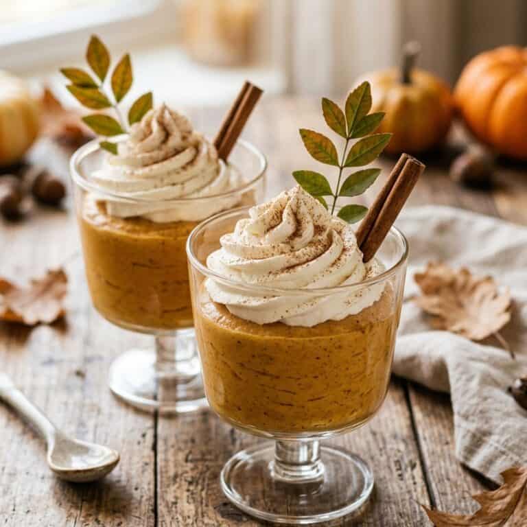 Cremiges Kürbis-Mousse in Dessertgläsern, garniert mit einer Haube aus geschlagener Rum-Sahne und einer Prise Zimt