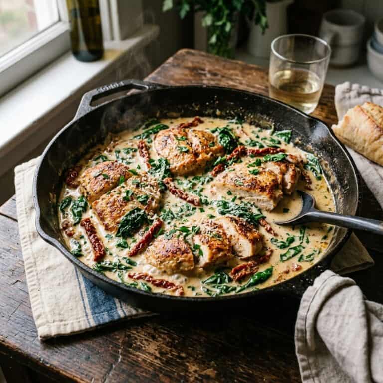 Goldbraun gebratene toskanische Hähnchenkeulen in cremiger Tomaten-Sahnesauce mit Spinat und getrockneten Tomaten in einer Gusseisenpfanne