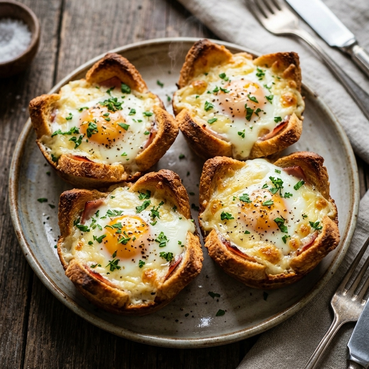 Überbackene Toast-Körbchen nach Croque-Madame-Art