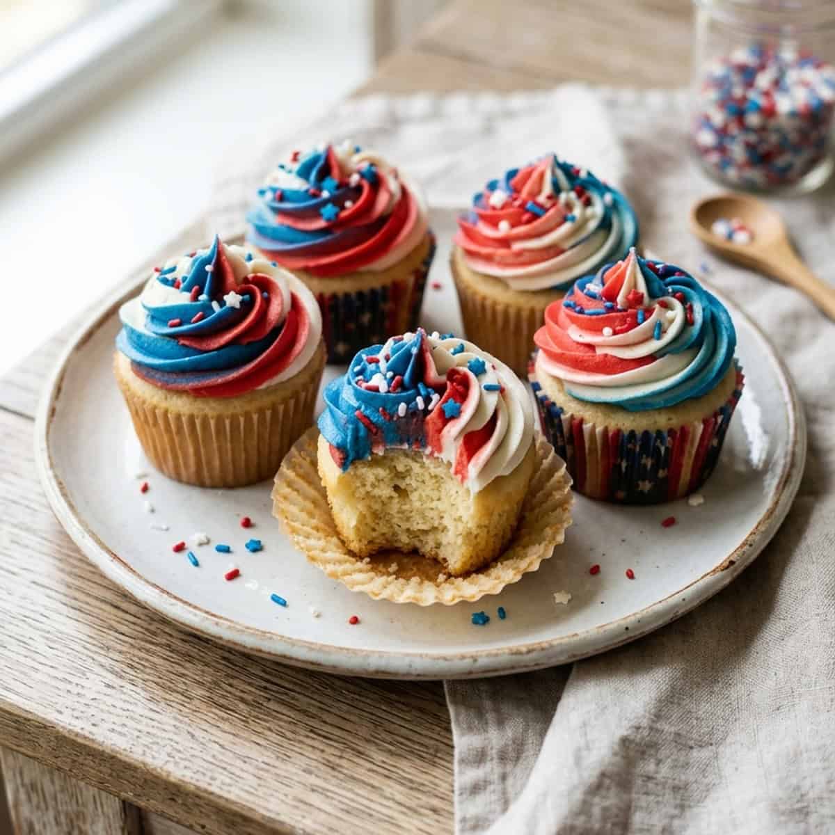 Saftige Vanille-Cupcakes mit dreifarbigem Buttercreme-Swirl