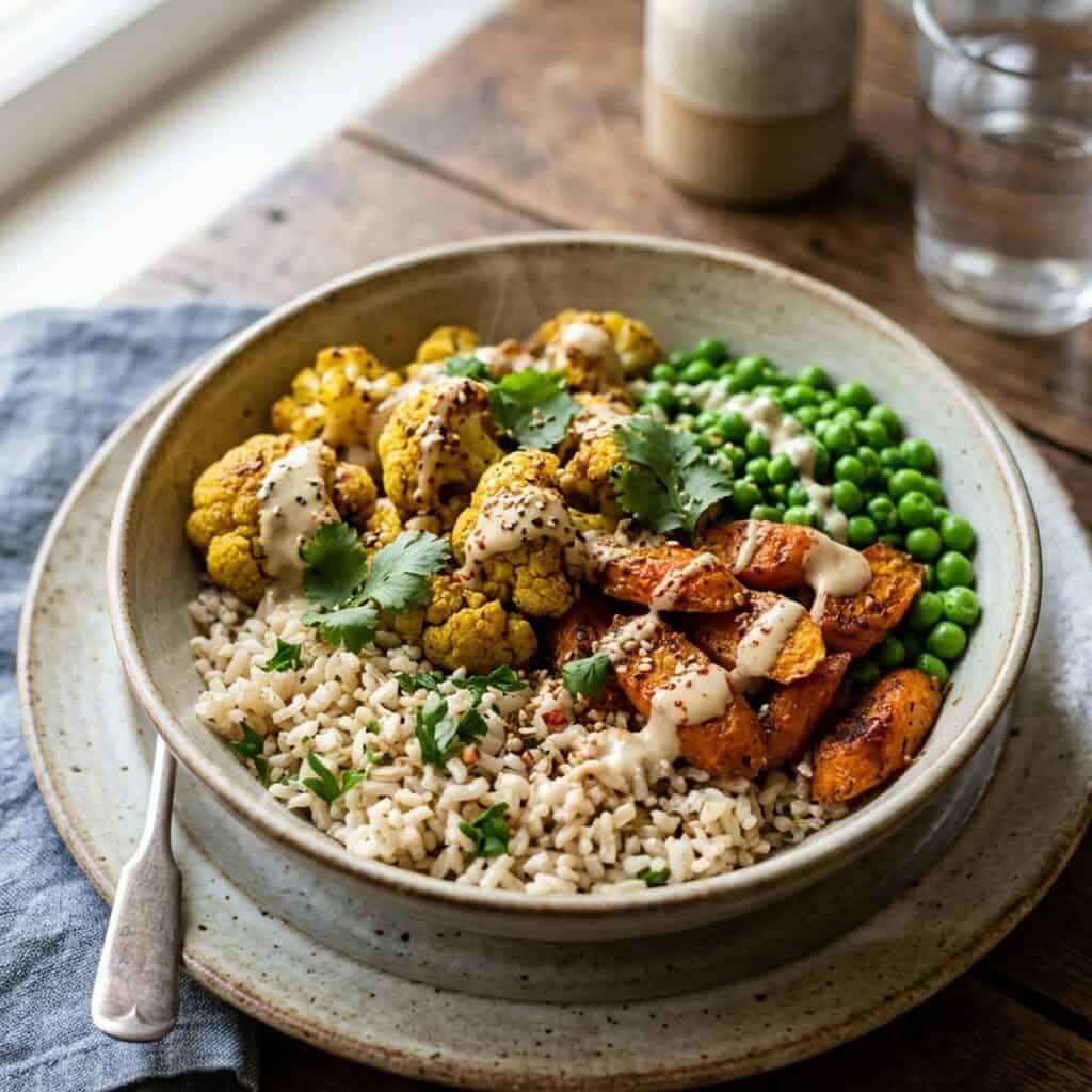 Frisch angerichtete bunte Curry-Gemüse-Bowl mit geröstetem Blumenkohl, Karotten, grünen Erbsen auf Naturreis, beträufelt mit hellem Tahini-Dressing in einer Keramikschale.