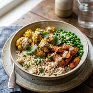 Frisch angerichtete bunte Curry-Gemüse-Bowl mit geröstetem Blumenkohl, Karotten, grünen Erbsen auf Naturreis, beträufelt mit hellem Tahini-Dressing in einer Keramikschale.