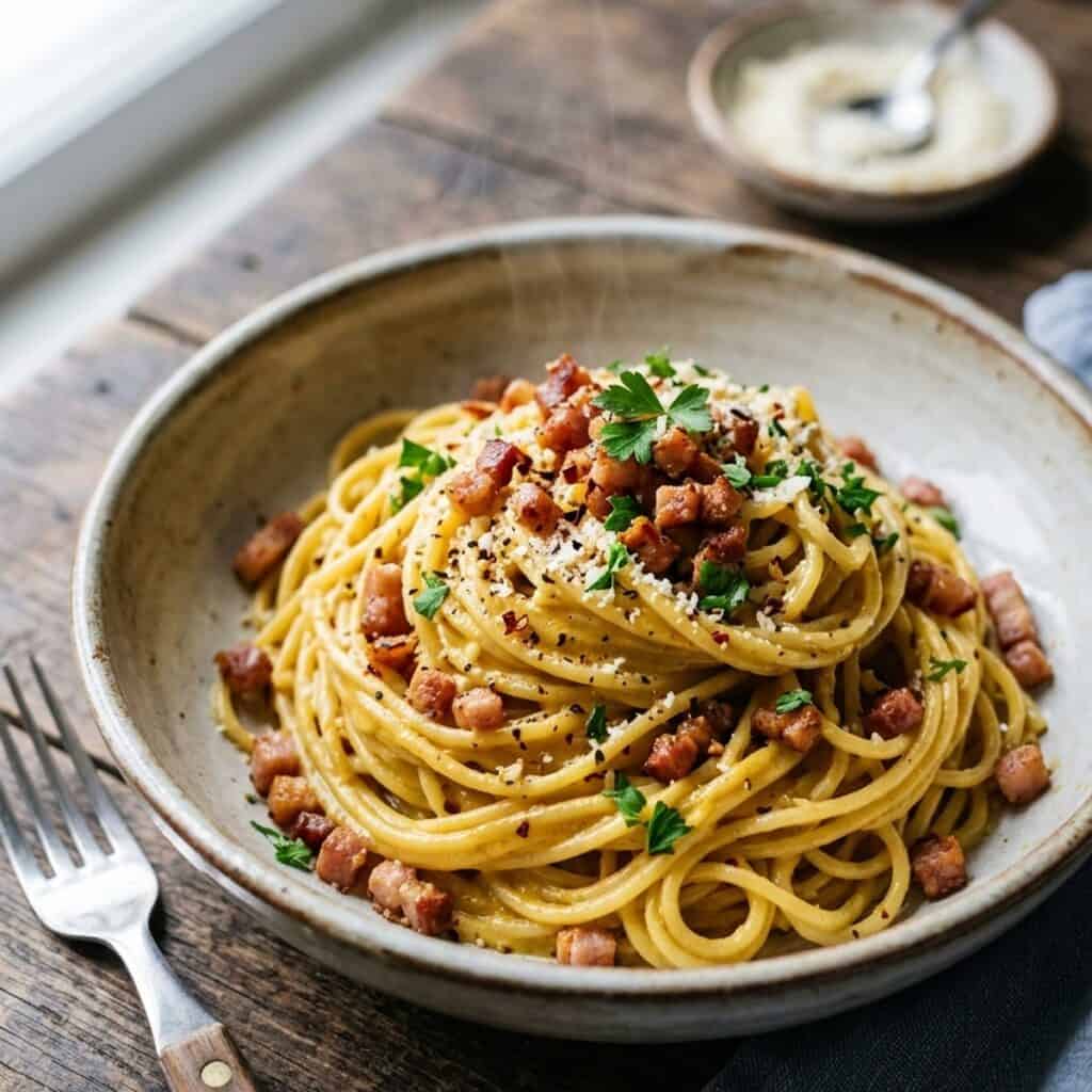 Fruchtig-würzige Curry-Spaghetti mit knusprigen Baconstreifen und sämiger Sauce, serviert auf einem rustikalen Keramikteller.