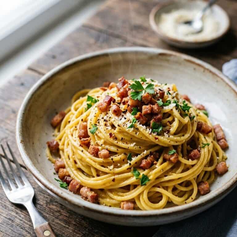 Fruchtig-würzige Curry-Spaghetti mit knusprigen Baconstreifen und sämiger Sauce, serviert auf einem rustikalen Keramikteller.
