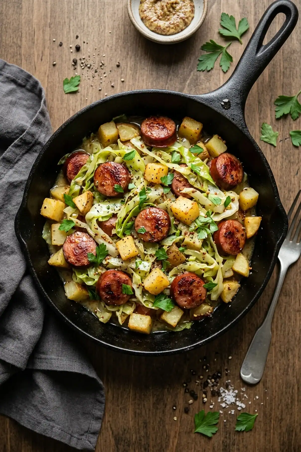Deftige Spitzkohl-Pfanne mit Kartoffeln und krosser Wurst