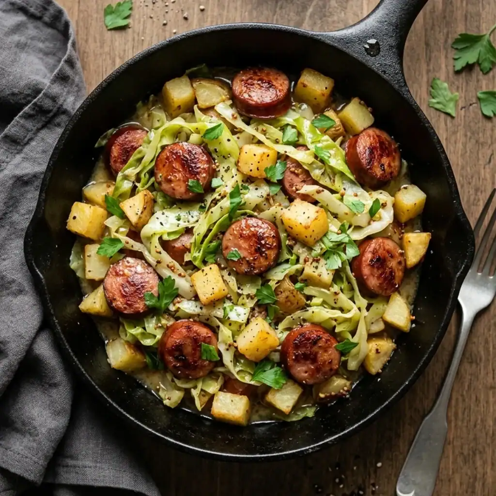 Draufsicht auf eine gusseiserne Pfanne mit gebratenem Spitzkohl, knusprigen Kartoffelwürfeln und gebräunten Wurstscheiben, bestreut mit frischer Petersilie.