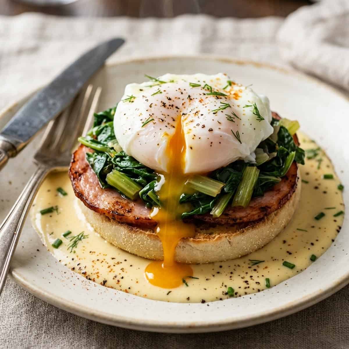 Eier Benedict mit gedünstetem Mangold und Schinken