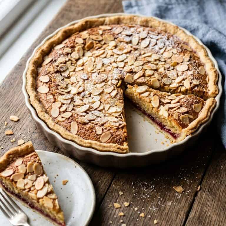 Frisch gebackene britische Mandeltarte mit goldbraunen Mandelblättchen und dezentem Puderzucker auf einer eleganten Tortenplatte.