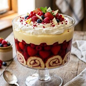 Englisches Beeren-Trifle in einer großen Glasschale mit Schichten aus Erdbeergelee, Biskuitrolle, Vanillecreme, Sahne und weißer Schokolade