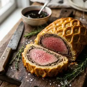 Saftig rosa gegartes Rinderfilet im knusprigen Blätterteigmantel mit Pilzfüllung, in Scheiben geschnitten auf einem Holzbrett serviert.