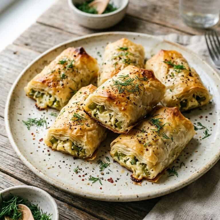 Frisch gebackene, goldbraune und knusprige Filoteig-Röllchen mit Feta- und Paprikafüllung auf einer rustikalen Servierplatte, bestreut mit frischem Dill.