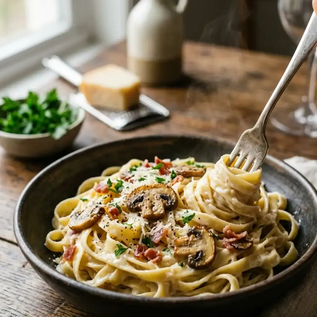 Ein tiefer Teller cremige Fettuccine in heller Käsesahnesoße, garniert mit gebratenen Pilzscheiben, Schinkenwürfeln und frischer Petersilie.