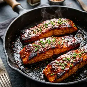 Saftig gebratene Lachsfilets mit einer glänzenden roten Chili-Glasur und gehacktem Schnittlauch serviert in einer Gusseisenpfanne.